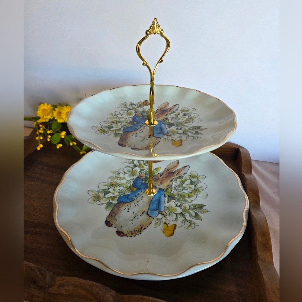 Peter Rabbit Two-Tier Dessert Stand With Gold Handle